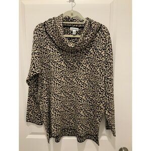 Calvin Klein Sweater Large Womens Cheetah Print Cowl Neck Beige/Black